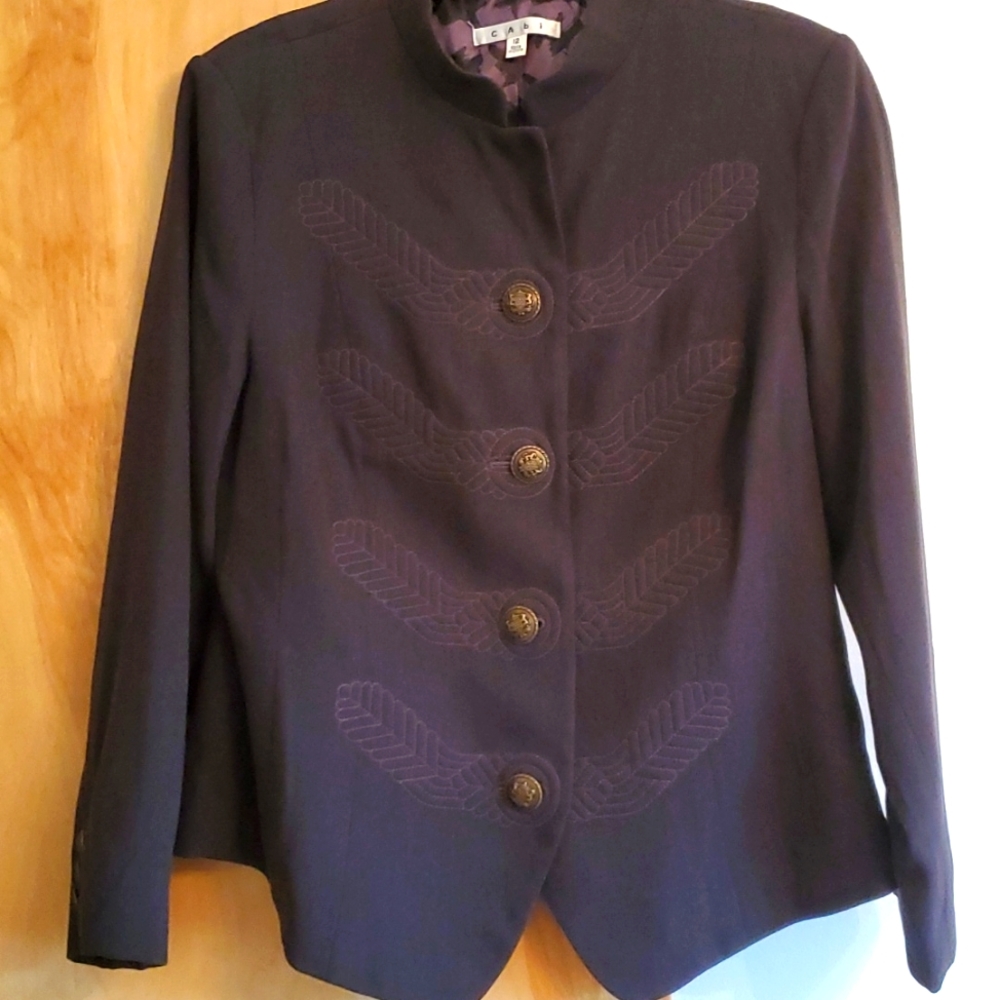 Cabi jacket. Olive with gold buttons and etchings on front. NWOT, size 12